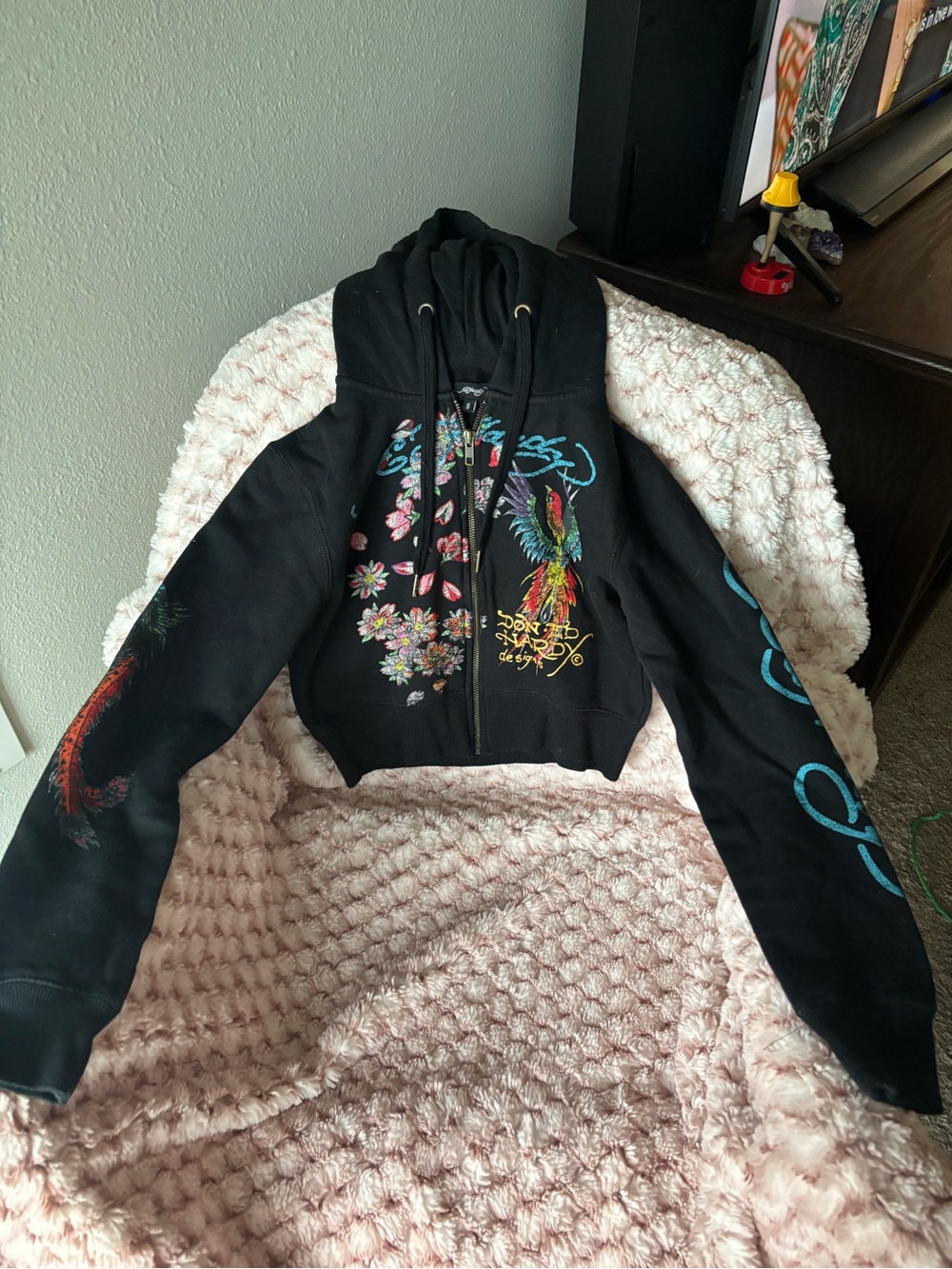 Ed Hardy Black Cropped Zip Hoodie with Multicolor Parrot & Floral Graphics